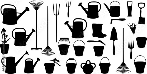 Collection of various gardening tools including watering cans rakes and flower pots in black silhouette | editable eps vectors