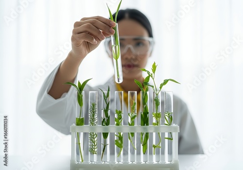 Scientist examines plant samples in test tubes at a laboratory bench Research
