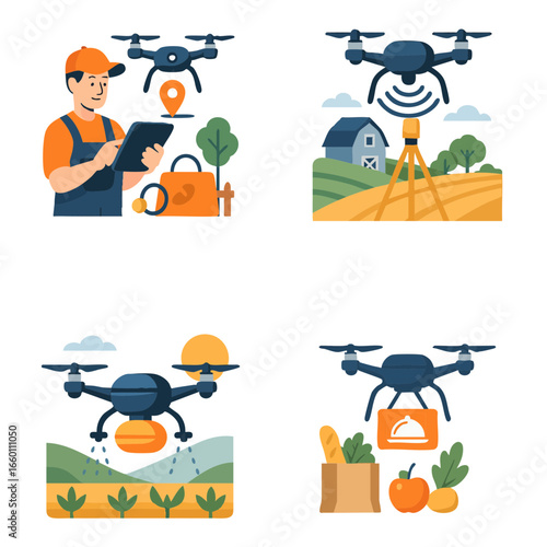 This illustration shows different smart farming drone applications, including GPS navigation, crop monitoring, field surveying, precision irrigation, and food delivery.