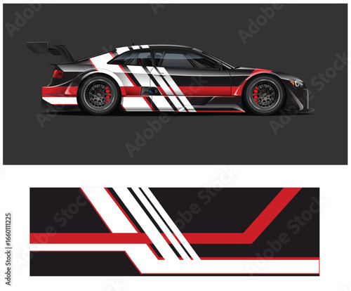 Sleek Racing Car with Bold Red and White Graphics on a Dark Background