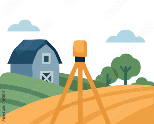 This illustration shows a farm scene with a blue barn, rolling green hills, a yellow surveying tripod in the foreground, golden crop fields, trees, and a bright sky with clouds.