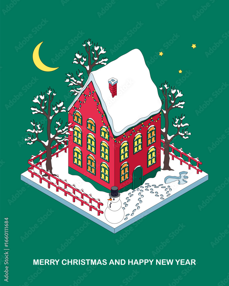 Φωτογραφία A house decorated with a garland in an isometric projection, a winter illustration with a snowman and a snow angel