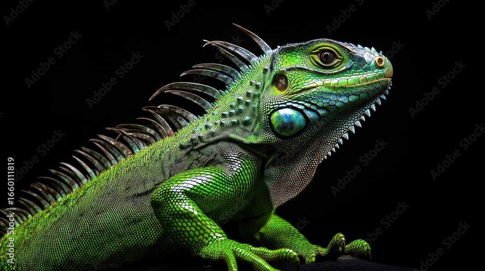 Fototapeta premium Exotic green iguana isolated on black background, dramatic lighting highlighting skin texture and spiny ridge along back
