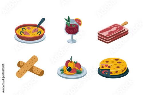 Flamenco dance illustration, woman in red dress, guitar, hand fan, flower, mask, cultural festival vector set, celebration icons