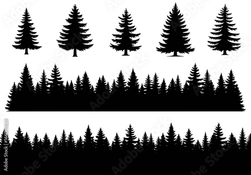 Vector art of collection of black pine and fir tree silhouettes in various sizes and arrangements, isolated on a, representing a forest landscape