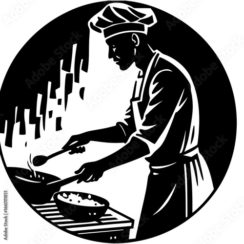 Circular black and white chef silhouette cooking at stovetop with pans steam rising culinary craft classic linocut illustration