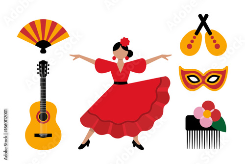 Spanish meals set, paella pan, churros sticks, sangria cocktail, tortilla slice, tapas plate, traditional food icons, vector collection
