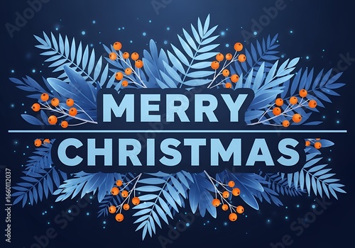 Decorative festive greeting with winter foliage and berries dark blue background