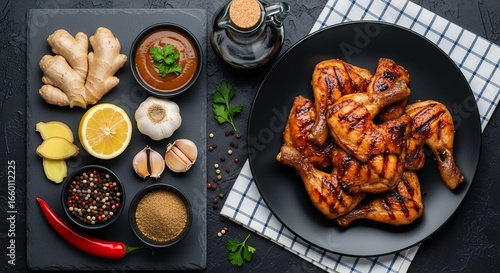 Grilled chicken quarters with ginger lemon garlic chili and spices arranged for seasoning