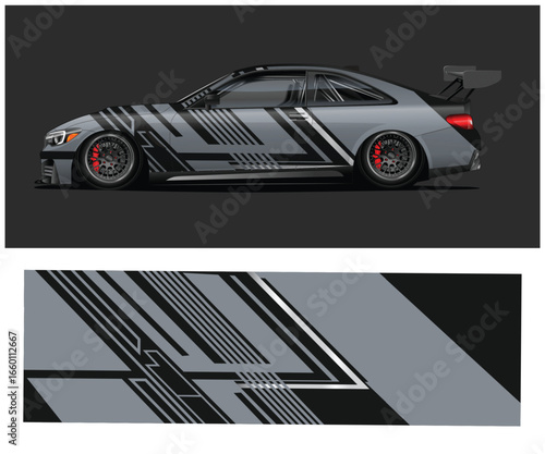 Sleek Sports Car with Geometric Wrap Design in Gray and Black Tones