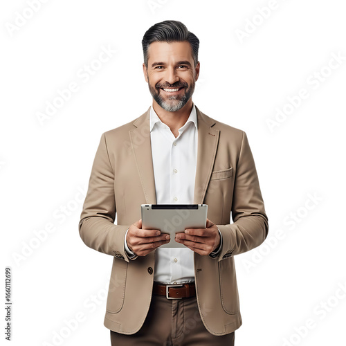 Man in blazer holding tablet isolated on transparent background