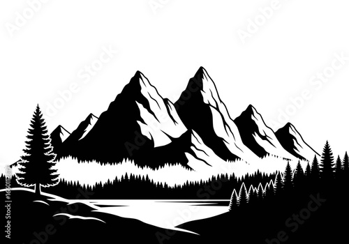 Vector art of majestic mountain range with snowcapped peaks and a serene lake in the foreground, surrounded by pine trees, isolated on a