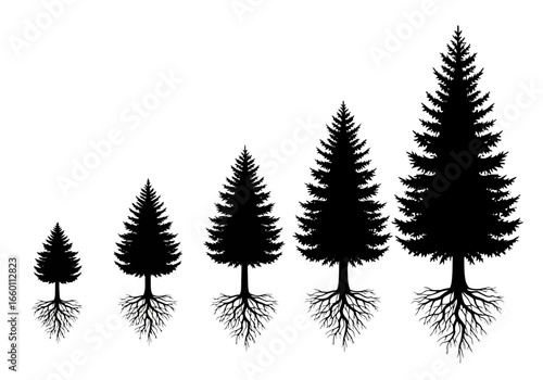 Vector art of a progression of five pine trees of increasing size, showing growth and development from small seedling to mature tree with visible roots, isolated on a