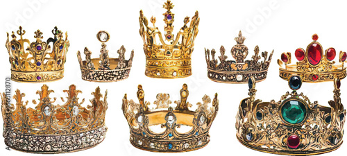 Collection of Seven Ornate Gold and Jeweled Royal Crowns on White Background royalty golden