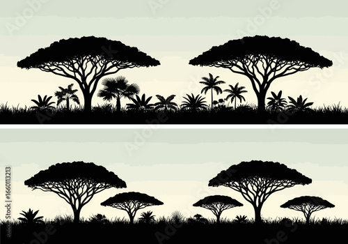 Vector art of silhouettes of acacia trees and tropical plants against a soft sky, representing a savanna landscape with lush grass and vegetation, evoking nature and wildlife