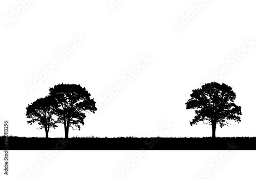 Vector art of silhouette of three trees on a grassy field