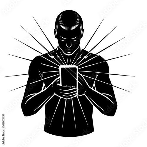 Silhouette of man holding glowing smartphone rays of light technology connection modern digital absorption black and white style