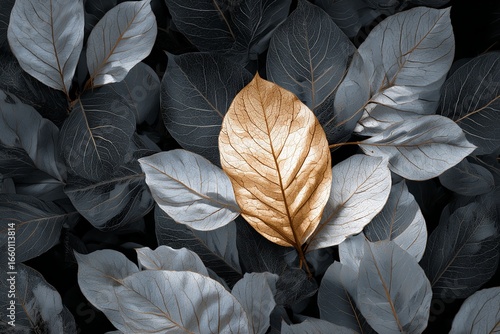 Wallpaper Mural A striking image showcases a single golden leaf amidst a backdrop of dark, monochrome foliage, conveying contrast and natural beauty for an eye-catching visual appeal. Torontodigital.ca