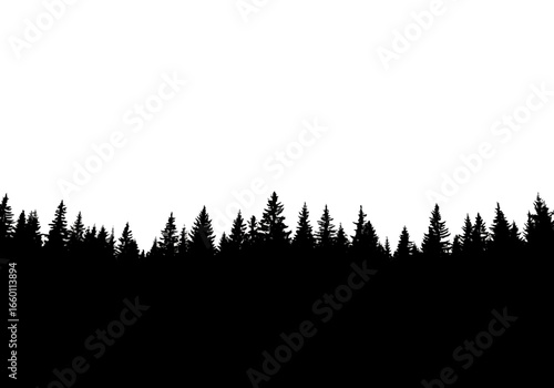 Vector art of silhouette of a dense forest of pine trees against a stark, creating a minimalist and graphic natural border