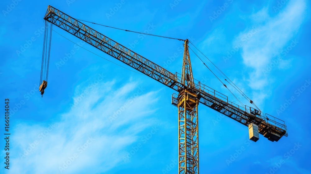 Long crane arm with large metal hook, stretching diagonally across vibrant blue sky, representing engineering precision and construction progress Long crane arm with large metal hook, stretching diagonally across vibrant blue sky, representing engineering precision and construction progress