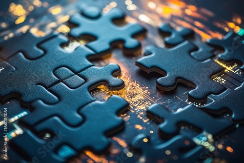 A close-up of an incomplete jigsaw puzzle with a blurred city skyline in the background, capturing a concept of urban mystery and problem-solving.