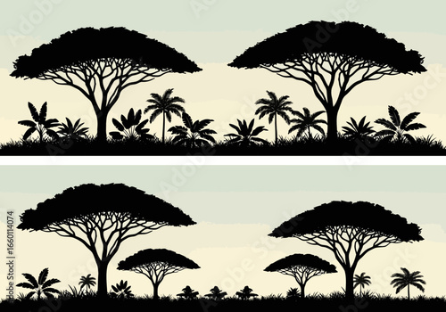 Vector art of silhouette of acacia trees and tropical plants against a soft, warmtoned sky, evoking a sense of serene african savanna landscape at dusk or dawn