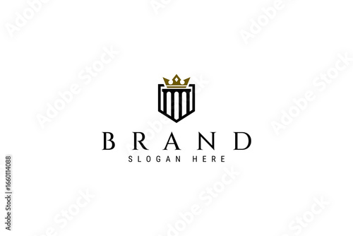 Greek pillar column logo with golden crown and shield frame in flat concept vector design style