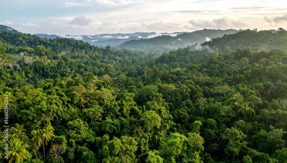 Obraz premium Breathtaking aerial view of a dense tropical rainforest with mist rising over the lush green canopy and distant hills at dawn