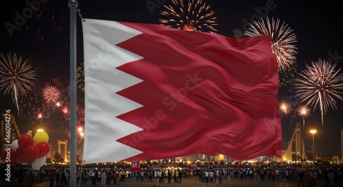 Waving Bahrain Flag with Fireworks