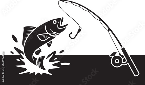 Illustration of a fish jumping out of the water with a fishing rod and hook