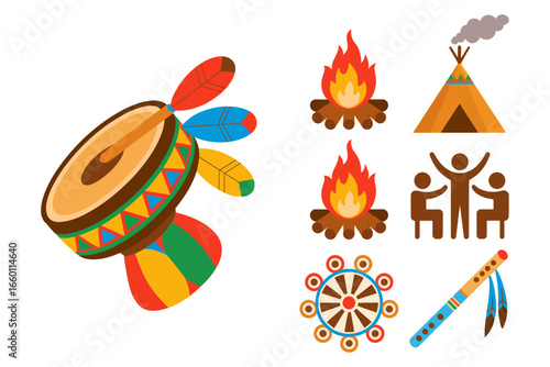 Bonfire party icons, drum fire camp figurine rosette spear, folk celebration vector elements, festival clipart