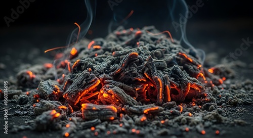 Close-up of smoldering embers with rising smoke creating an abstract pattern