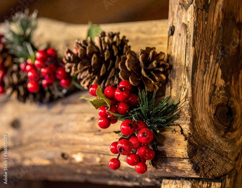 Wallpaper Mural Rustic Pinecone and Holly Berry Garland on Aged Wood
 Torontodigital.ca