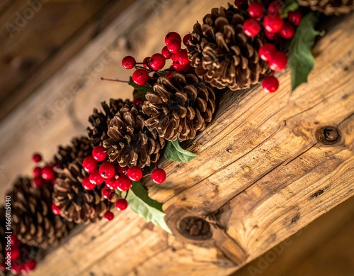 Wallpaper Mural Rustic Pinecone and Holly Berry Garland on Aged Wood
 Torontodigital.ca