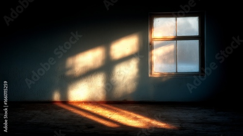 Sunlight streams through a window into a room with plain walls and wooden flooring,