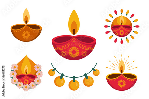 Festive lamp and garland, glowing diya set with floral patterns and buntings, celebration illustration, vector pack