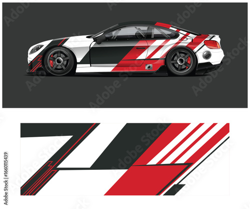 Modern Sports Car with Red White and Black Racing Stripe Design