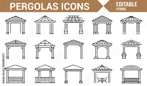 Collection of pergola design illustrations featuring diverse styles for home and garden projects.