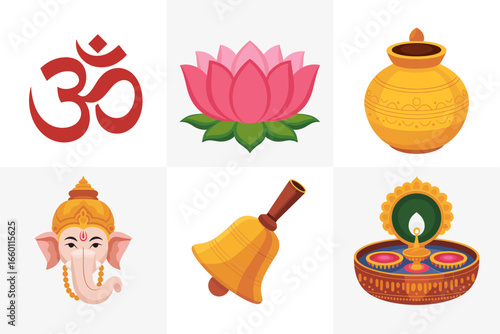 Hindu symbols grid, om sign lotus buddha lamp conch bell, spiritual icon tiles, vector set