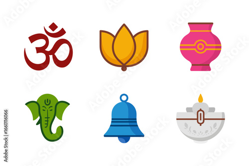 Sacred symbols bundle, om lotus kalash diya conch bell, spiritual festival icon set, colorful vector elements