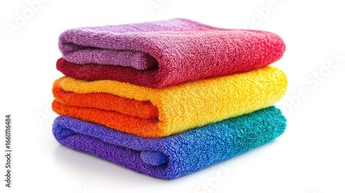 Stack of colorful microfiber towels folded neatly, isolated on white background, representing hygiene, cleaning, and household essentials