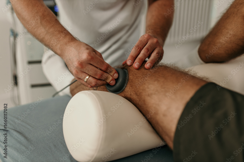 Obraz premium Physiotherapist applying ultrasound therapy to patient's knee