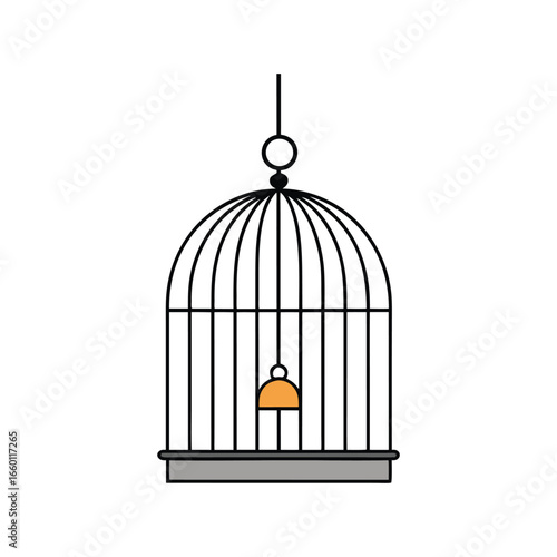 Simple black birdcage with orange bell hanging inside on white background animal