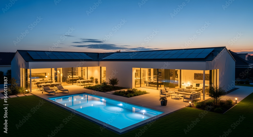 Fototapeta premium Modern house with swimming pool illuminated at twilight in the evening