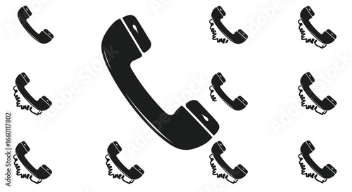 Black and white image of multiple telephone handsets icons
