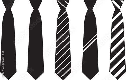 Vector art of collection of various black and white neckties, representing formal wear, business attire, and stylish fashion