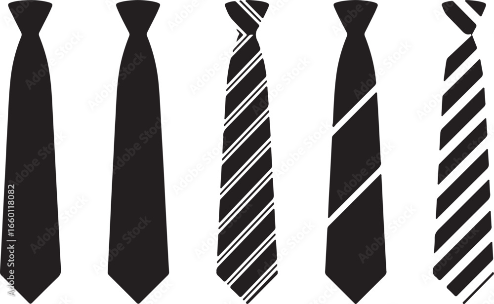 Vector art of collection of various black and white neckties, representing formal wear, business attire, and stylish fashion