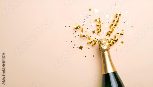 Champagne bottle with a festive explosion of golden confetti and streamers on a pastel pink background for party celebrations.