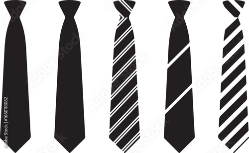 Vector art of collection of various black and white neckties, representing formal wear, business attire, and stylish fashion