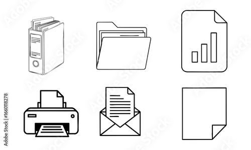 Line art illustration of office documents including a binder folders printer and envelopes